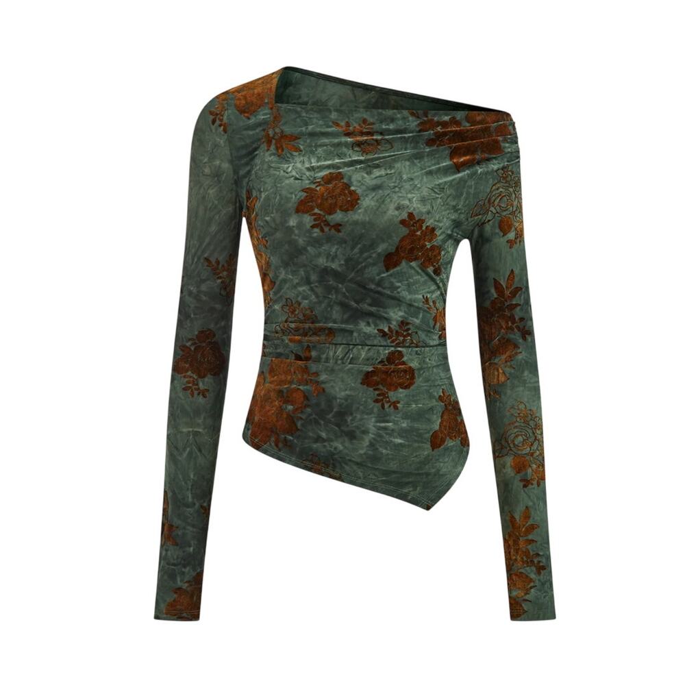 Commense One Shoulder Floral Mesh Top Forest Green Brown XL NWT Modern Romantic